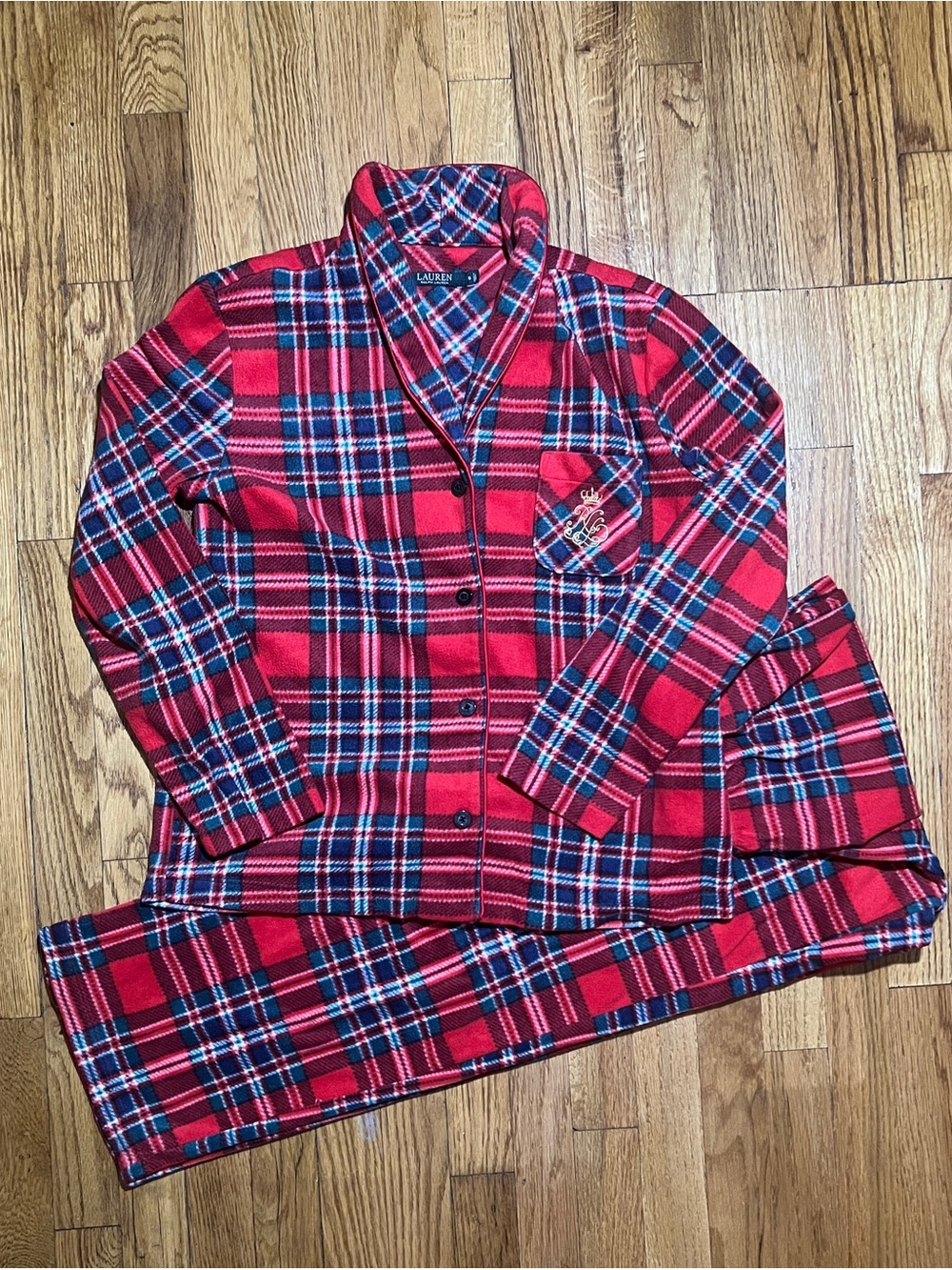 Lauren Ralph Lauren Womens S Fleece Plaid Pajama Set Button Front Embroidered